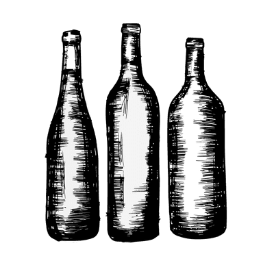 Charcoal sketch of three wine bottles